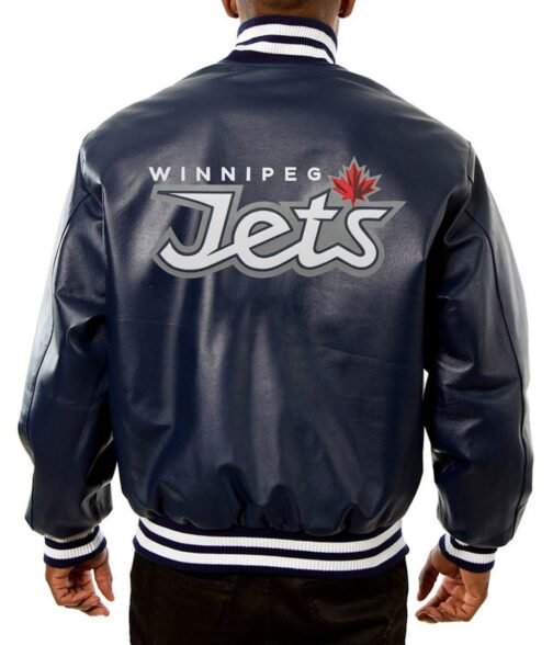 Varsity Winnipeg Jets Navy Blue Leather Jacket - Image 2