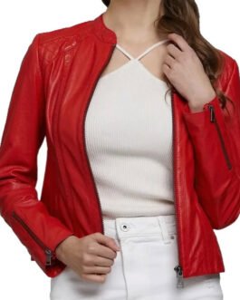 Women’s 100% Real Red Leather Biker Style Jacket