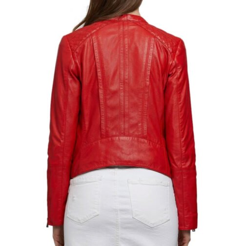 Women’s 100% Real Red Leather Biker Style Jacket - Image 2