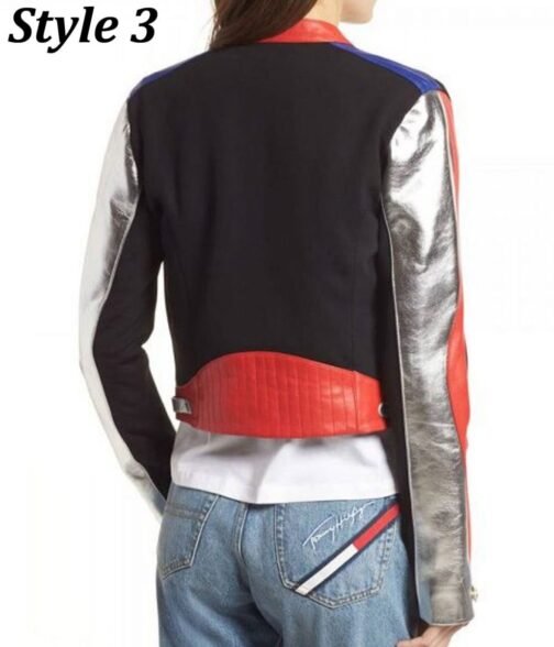 Women’s Motorcycle Fashion Color Block Leather Jacket - Image 6