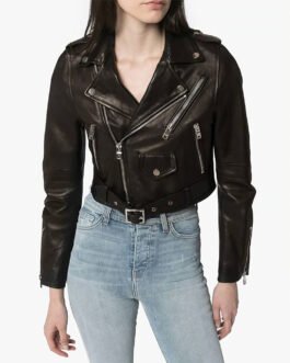 Women’s Black Lambskin Biker Cropped Leather Jacket