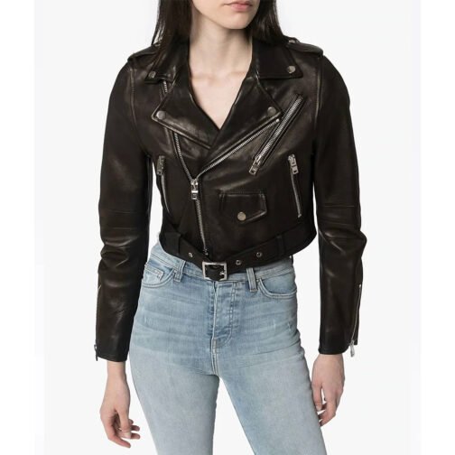 Women’s Black Lambskin Biker Cropped Leather Jacket - Image 2