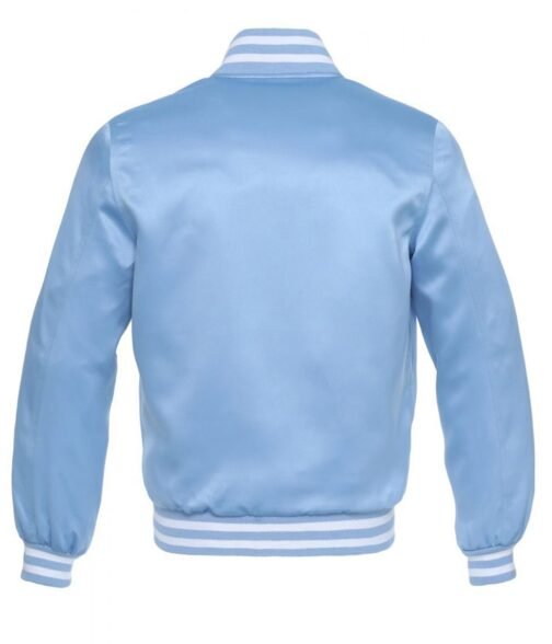 Women’s Baby Blue Satin Bomber Varsity Jacket - Image 2