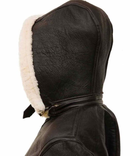 Women’s Shearling Buckle Collar Brown Leather Jacket with Hood - Image 4