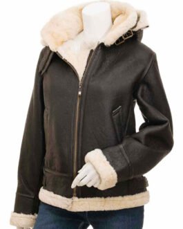 Women’s Shearling Buckle Collar Brown Leather Jacket with Hood