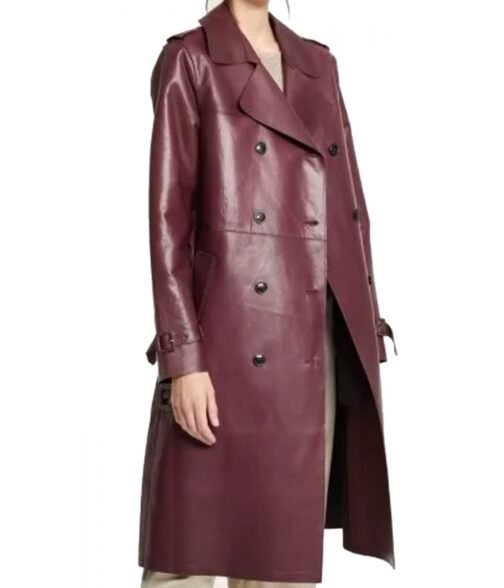Women’s Burgundy Double Breasted Belted Coat - Image 3