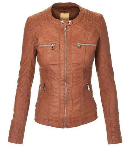Women’s Zip Up Brown Faux Leather Jacket with Hood - Image 3