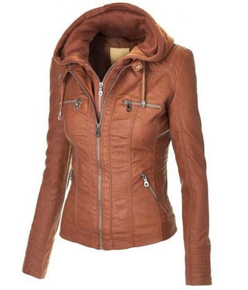 Women’s Zip Up Brown Faux Leather Jacket with Hood - Image 4