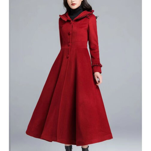 Women’s Princess Classic Swing Red Wool Hooded Coat - Image 4