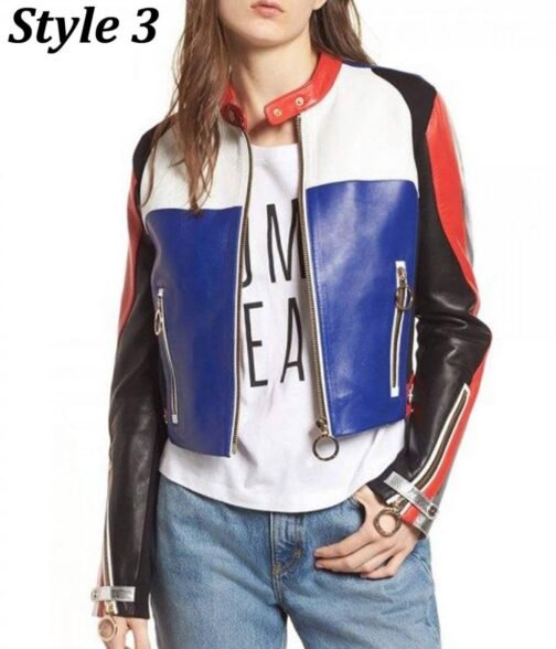 Women’s Motorcycle Fashion Color Block Leather Jacket - Image 3