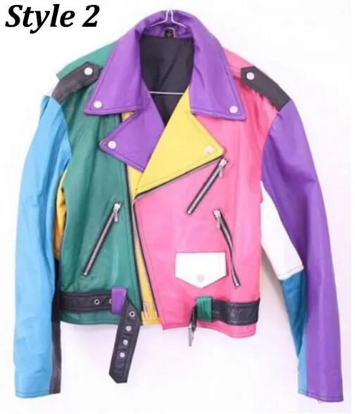 Women’s Motorcycle Fashion Color Block Leather Jacket - Image 2