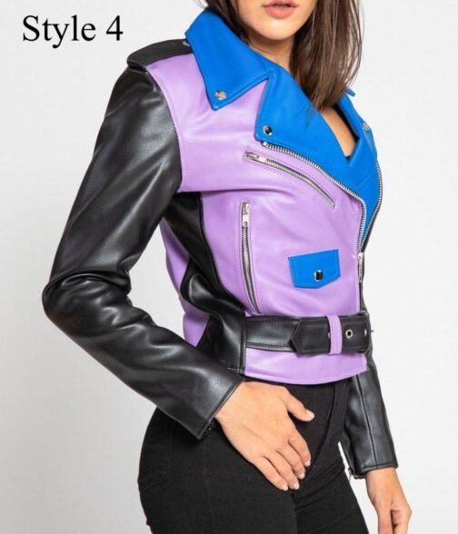 Women’s Motorcycle Fashion Color Block Leather Jacket - Image 9