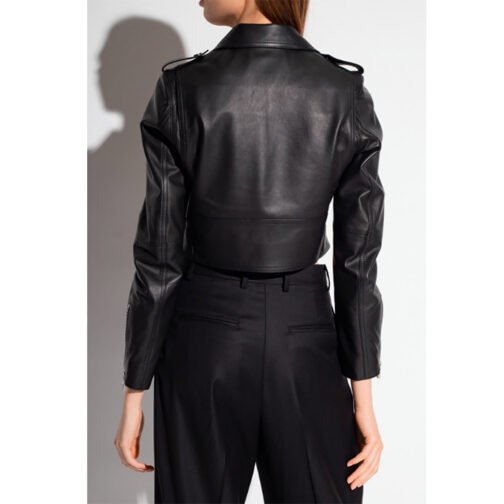 Women’s Cropped Belted Black Leather Biker Jacket - Image 5