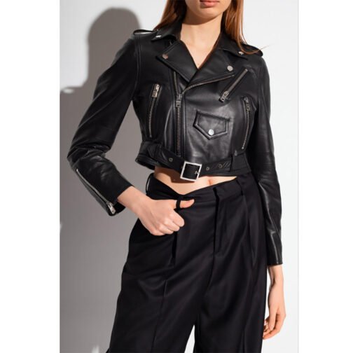 Women’s Cropped Belted Black Leather Biker Jacket - Image 4