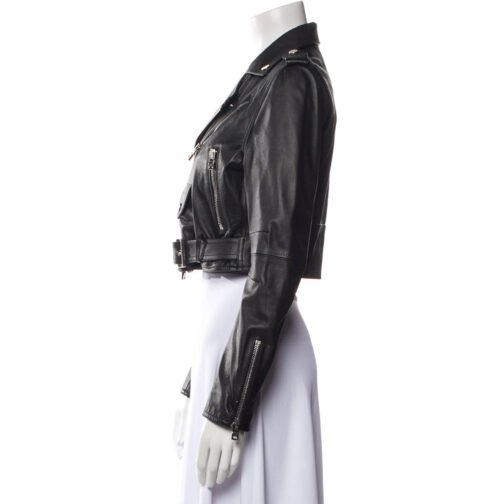 Women’s Cropped Belted Black Leather Biker Jacket - Image 6