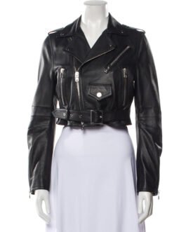 Women’s Cropped Belted Black Leather Biker Jacket