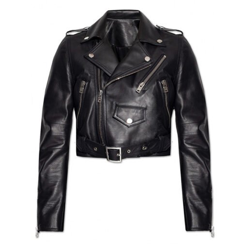 Women’s Cropped Belted Black Leather Biker Jacket - Image 3