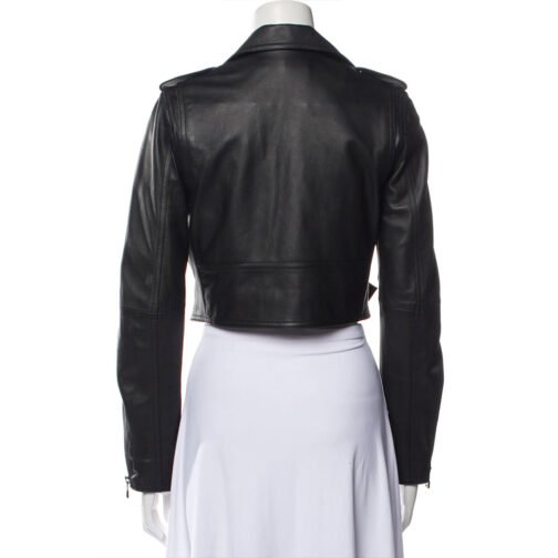 Women’s Cropped Belted Black Leather Biker Jacket - Image 2