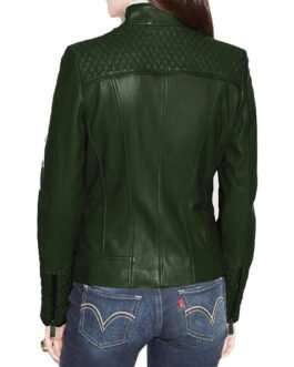 Women’s Dark Green Quilted Biker Leather Jacket