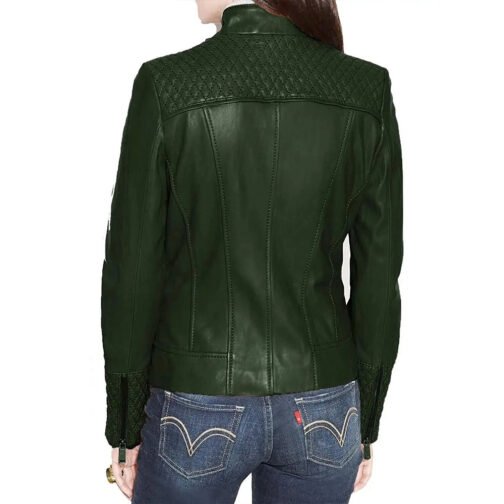 Women’s Dark Green Quilted Biker Leather Jacket - Image 2