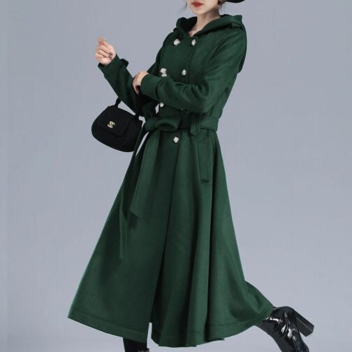 Women’s Double Breasted Green Wool Trench Coat - Image 5