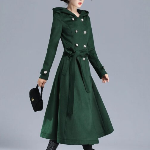 Women’s Double Breasted Green Wool Trench Coat - Image 3