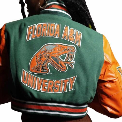 Women’s Florida A&M University Green and Orange Varsity Jacket - Image 2