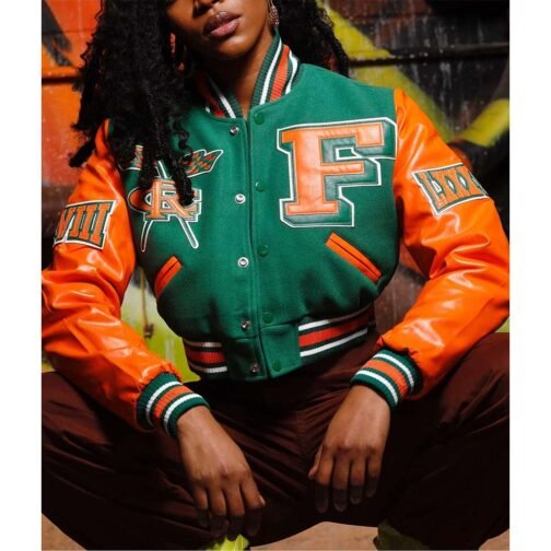 Women’s Florida A&M University Green and Orange Varsity Jacket - Image 3
