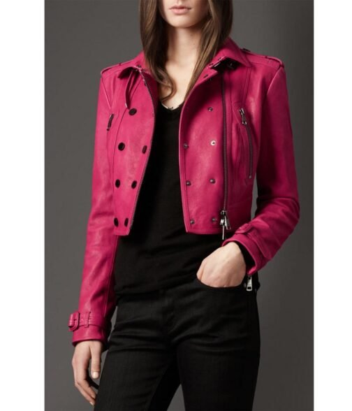 Women’s Cropped Fuchsia Pink Leather Biker Jacket - Image 3