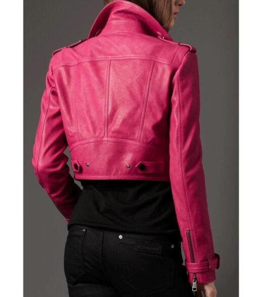 Women’s Cropped Fuchsia Pink Leather Biker Jacket - Image 2