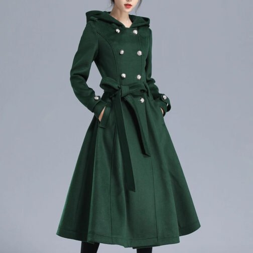 Women’s Double Breasted Green Wool Trench Coat - Image 4