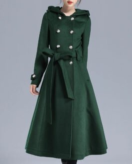 Women’s Double Breasted Green Wool Trench Coat