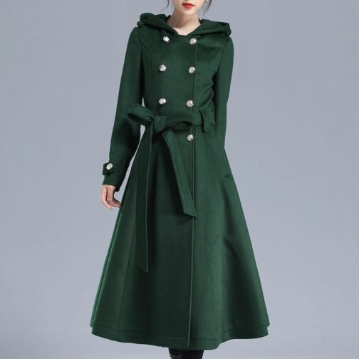 Women’s Double Breasted Green Wool Trench Coat