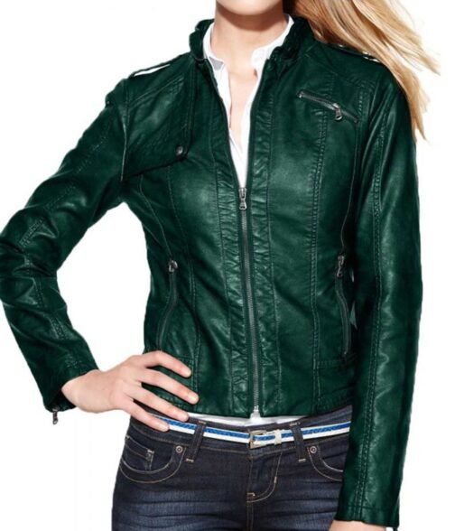 Women’s Zipper Biker Green Designer Leather Jacket
