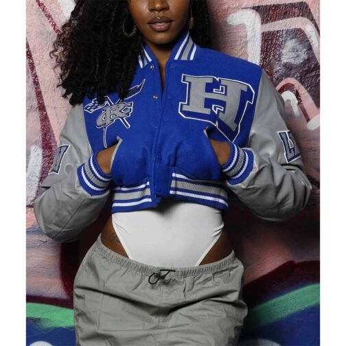 Women’s Hampton University Royal and Gray Varsity Jacket - Image 3
