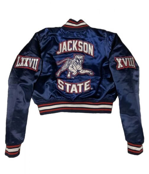 Women’s Embroidered Jackson State University Blue Cropped Jacket - Image 2