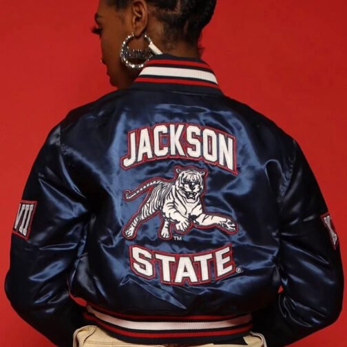 Women’s Embroidered Jackson State University Blue Cropped Jacket - Image 4