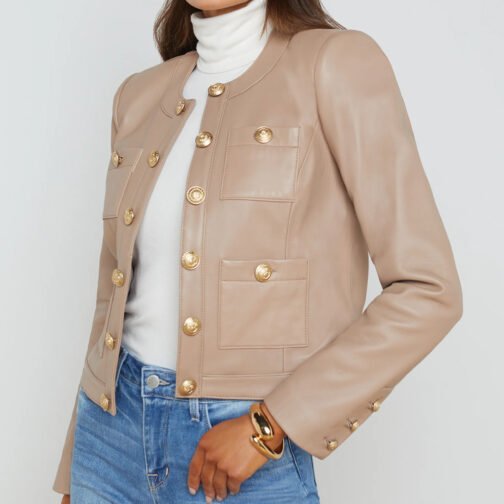 Women’s Jayde Collarless Black Leather Jacket - Image 2