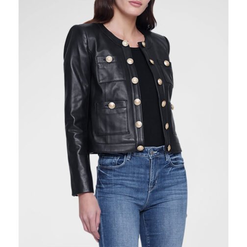 Women’s Jayde Collarless Black Leather Jacket - Image 7