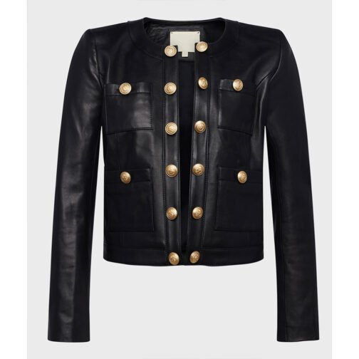 Women’s Jayde Collarless Black Leather Jacket - Image 4