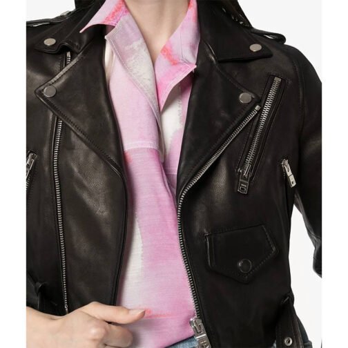 Women’s Black Lambskin Biker Cropped Leather Jacket - Image 5