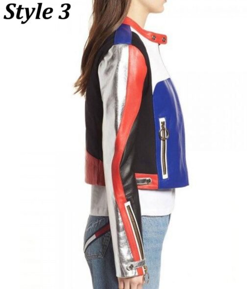Women’s Motorcycle Fashion Color Block Leather Jacket - Image 8