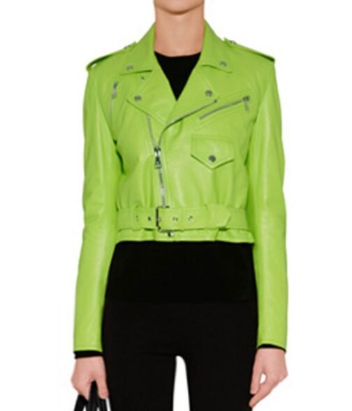 Women’s Lime Green and Pink Leather Motorcycle Jacket - Image 3