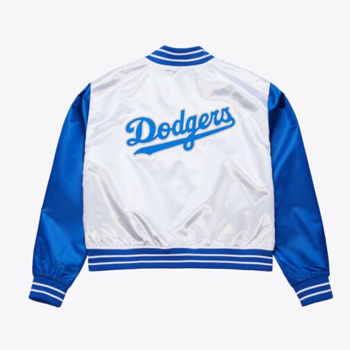 Women’s LA Dodgers Cropped White and Blue Satin Jacket - Image 2