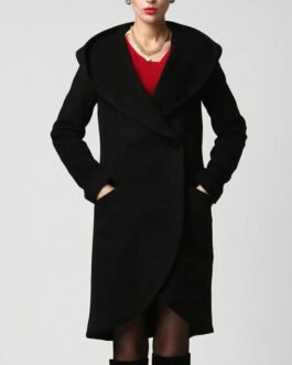 Women’s Asymmetrical Mid-Length Wool Coat with Hood
