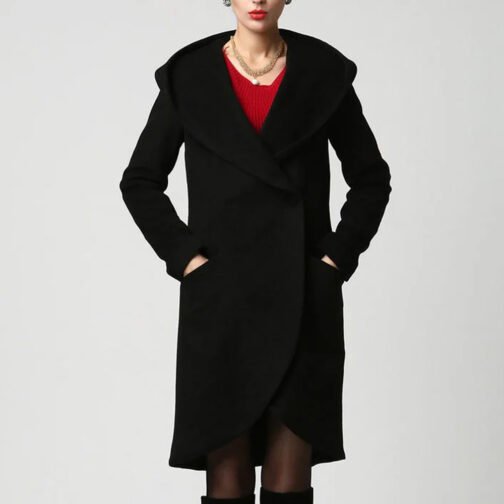 Women’s Asymmetrical Mid-Length Wool Coat with Hood - Image 2