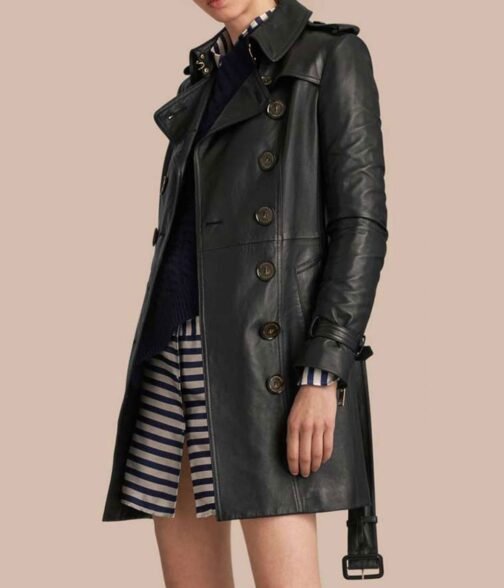 Women’s Mid-Length Double Breasted Black Leather Coat - Image 3