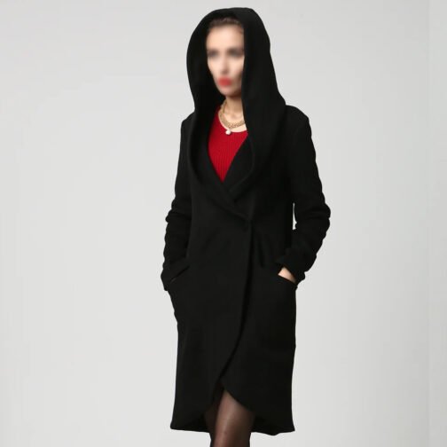 Women’s Asymmetrical Mid-Length Wool Coat with Hood - Image 5
