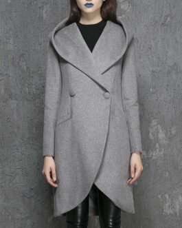Women’s Asymmetrical Mid-Length Wool Coat with Hood
