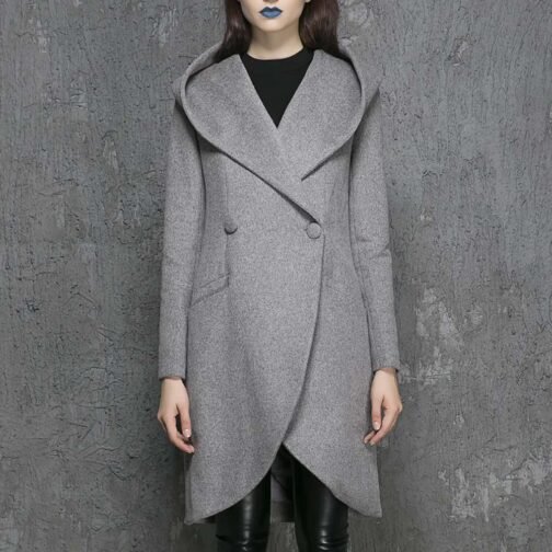 Women’s Asymmetrical Mid-Length Wool Coat with Hood